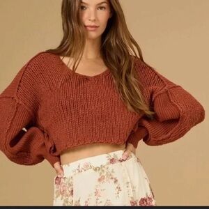 Altar'd State Slouchy PK it Patchwork V-Neck Sweater in Deep Rustic Color XL
